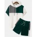 Mens Hooded Waffle Knit Color Block Patchwork Shirts Shorts Two Pieces Outfits