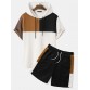 Mens Hooded Waffle Knit Color Block Patchwork Shirts Shorts Two Pieces Outfits