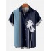 Retro LightSkyBlue & Navy Stitching Coconut Trees Printing Men's Short Sleeve Shirt