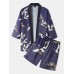 Mens Kimono Ethnic Style Crane Print Open Front Casual Two Pieces Outfits