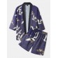 Mens Kimono Ethnic Style Crane Print Open Front Casual Two Pieces Outfits